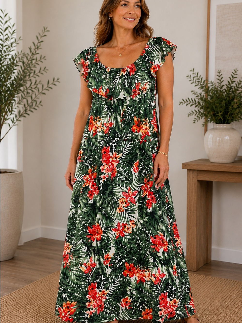 Derek Heart Tropical Ruffle Maxi Dress in Green and Red Floral